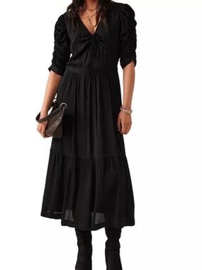ba&sh Black Tiered Midi Dress with Ruched Puff Sleeves